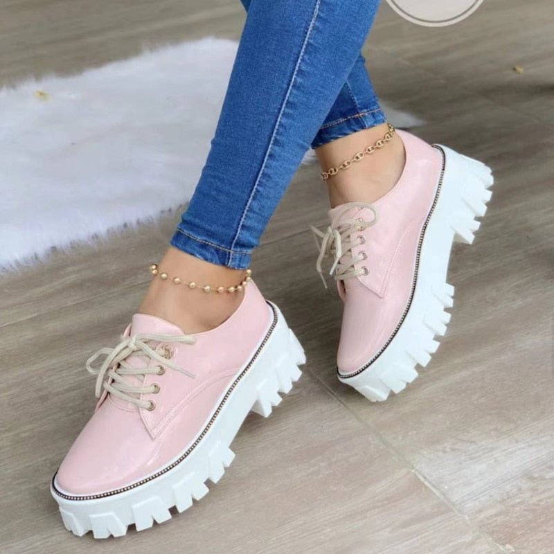 Thick Heel Flat Platform Oxford Women Shoes Pink/Red/Black - Salim Fashion