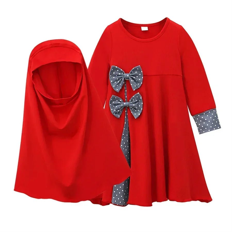 Abaya for Kid Muslim Hijab Prayer Dress Girls Dubai Kaftan Islamic Clothing 2 Piece Ramadan Sets Eid Headscarf Long Robe bowknot