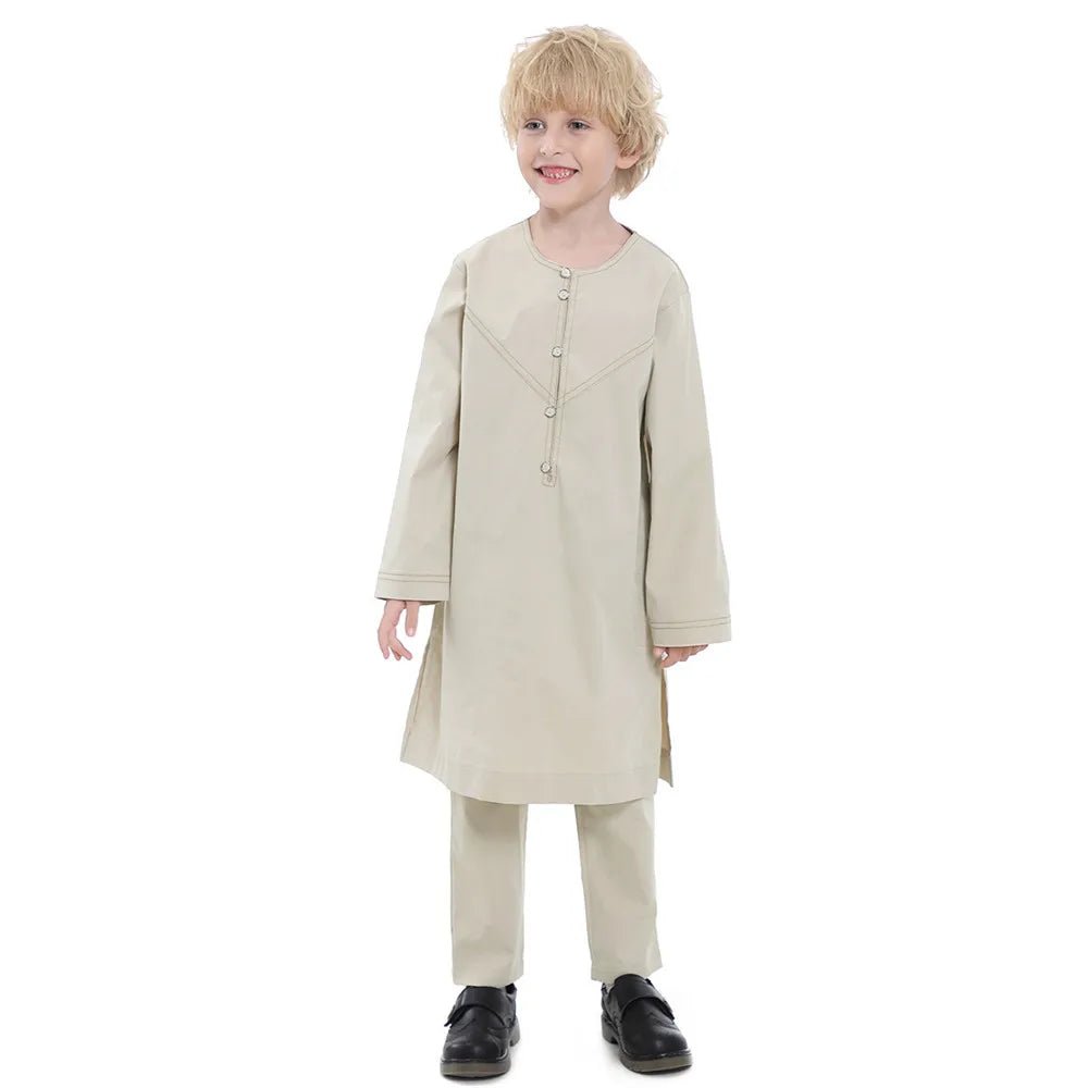 Dubai Abaya Suit Jubba Thobe For Children Arabia Muslim Prayer Baby Big Boy Qatar Pakistan Shirts and Trousers 2 Pieces Suits