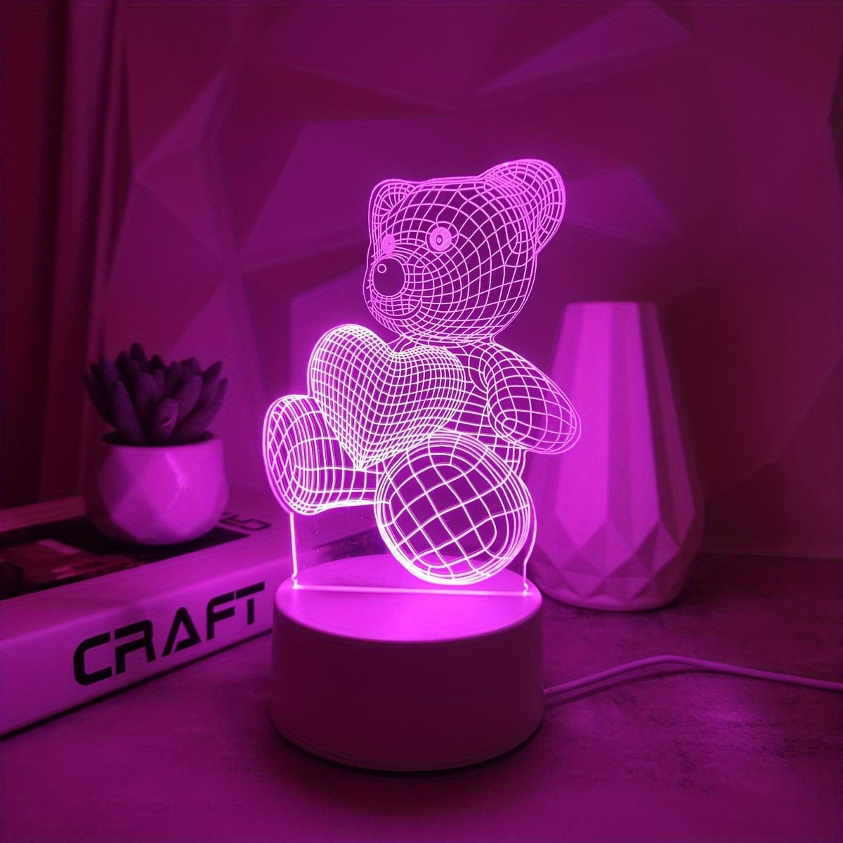 USB Romantic Pink Heart Bear 3D Night Light Decor - Salim Fashion