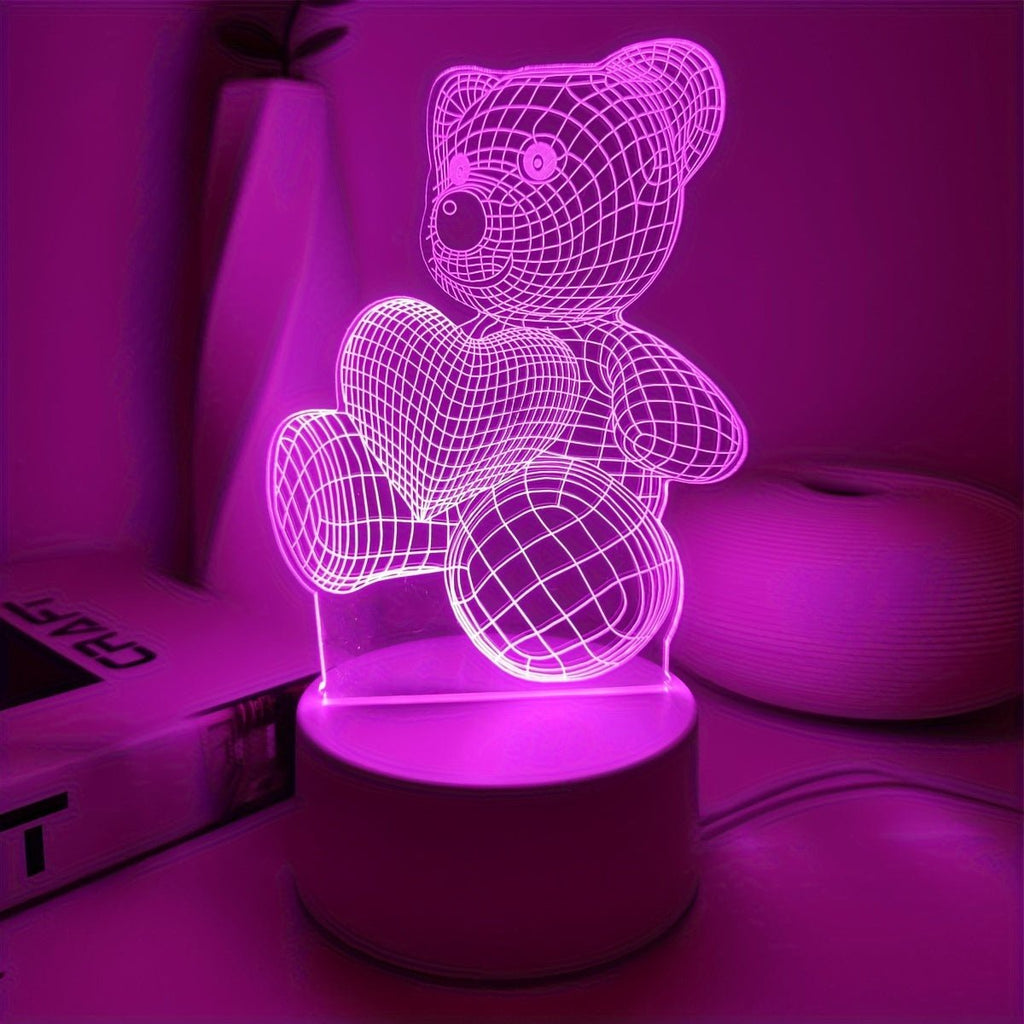 USB Romantic Pink Heart Bear 3D Night Light Decor - Salim Fashion