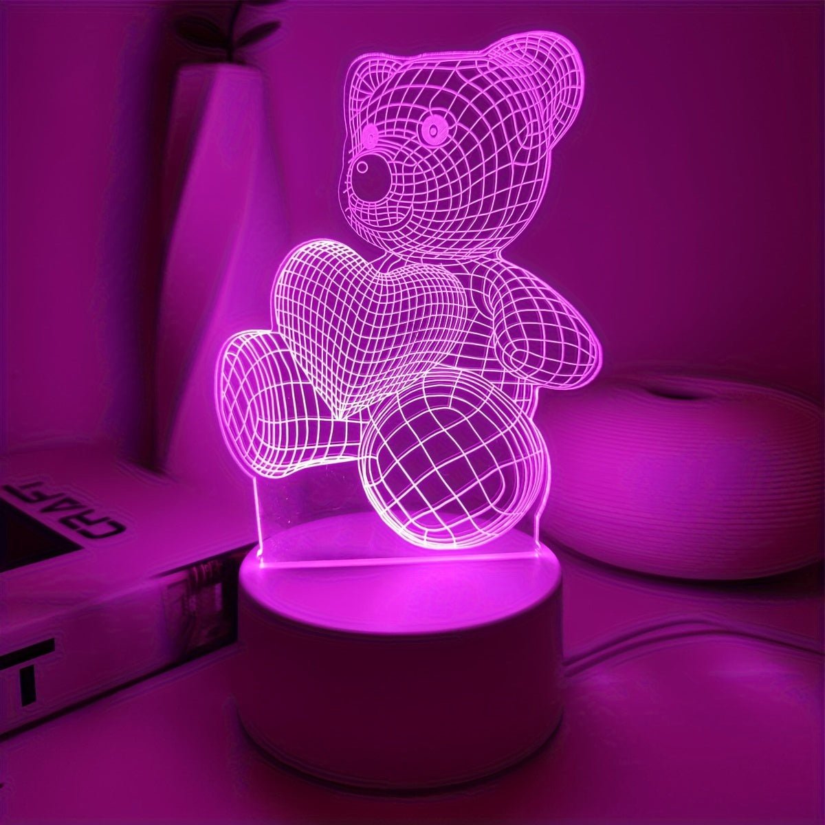 USB Romantic Pink Heart Bear 3D Night Light Decor - Salim Fashion