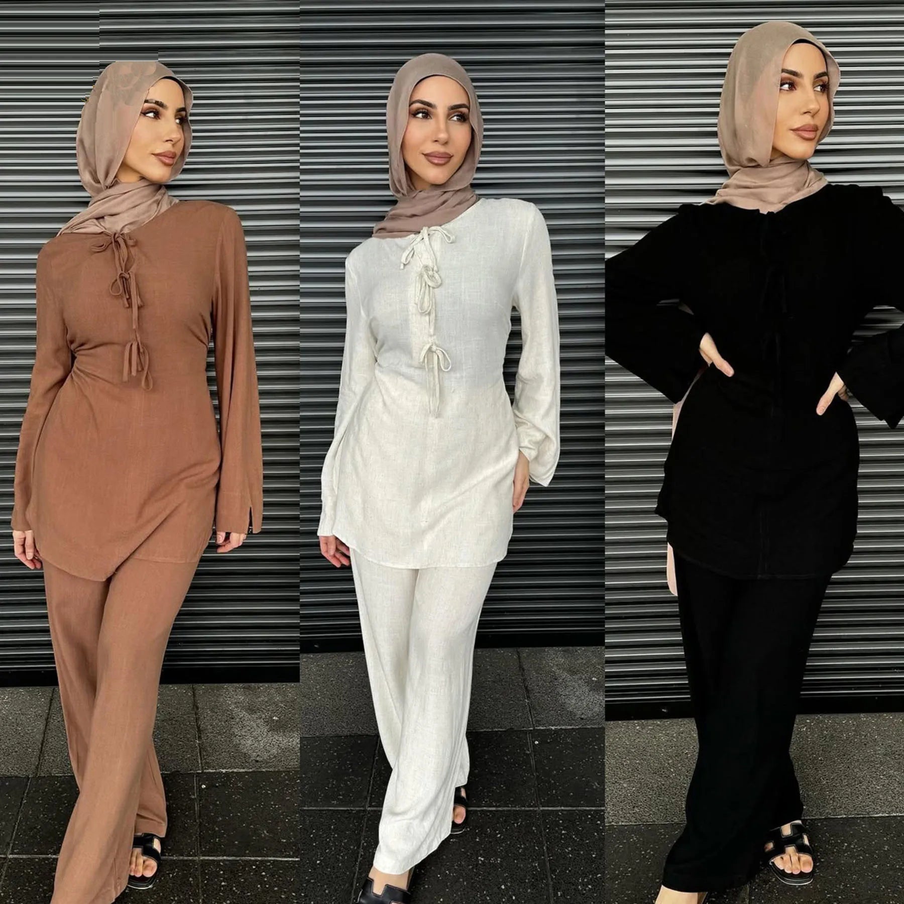 2025 Muslim Sets Two Piece Set Abaya Women Caftan Marocain Soild Top+Pant Suits Eid Ramadan Islam Clothing Ensembles Musulmans
