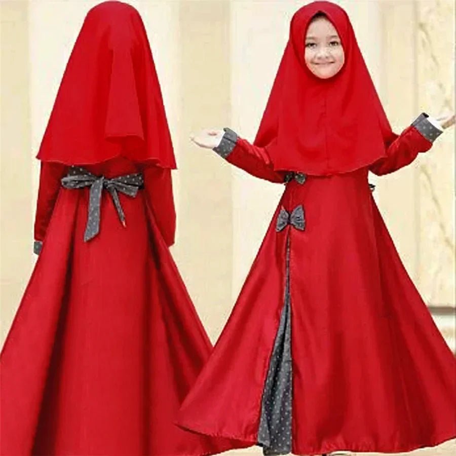 Abaya for Kid Muslim Hijab Prayer Dress Girls Dubai Kaftan Islamic Clothing 2 Piece Ramadan Sets Eid Headscarf Long Robe bowknot