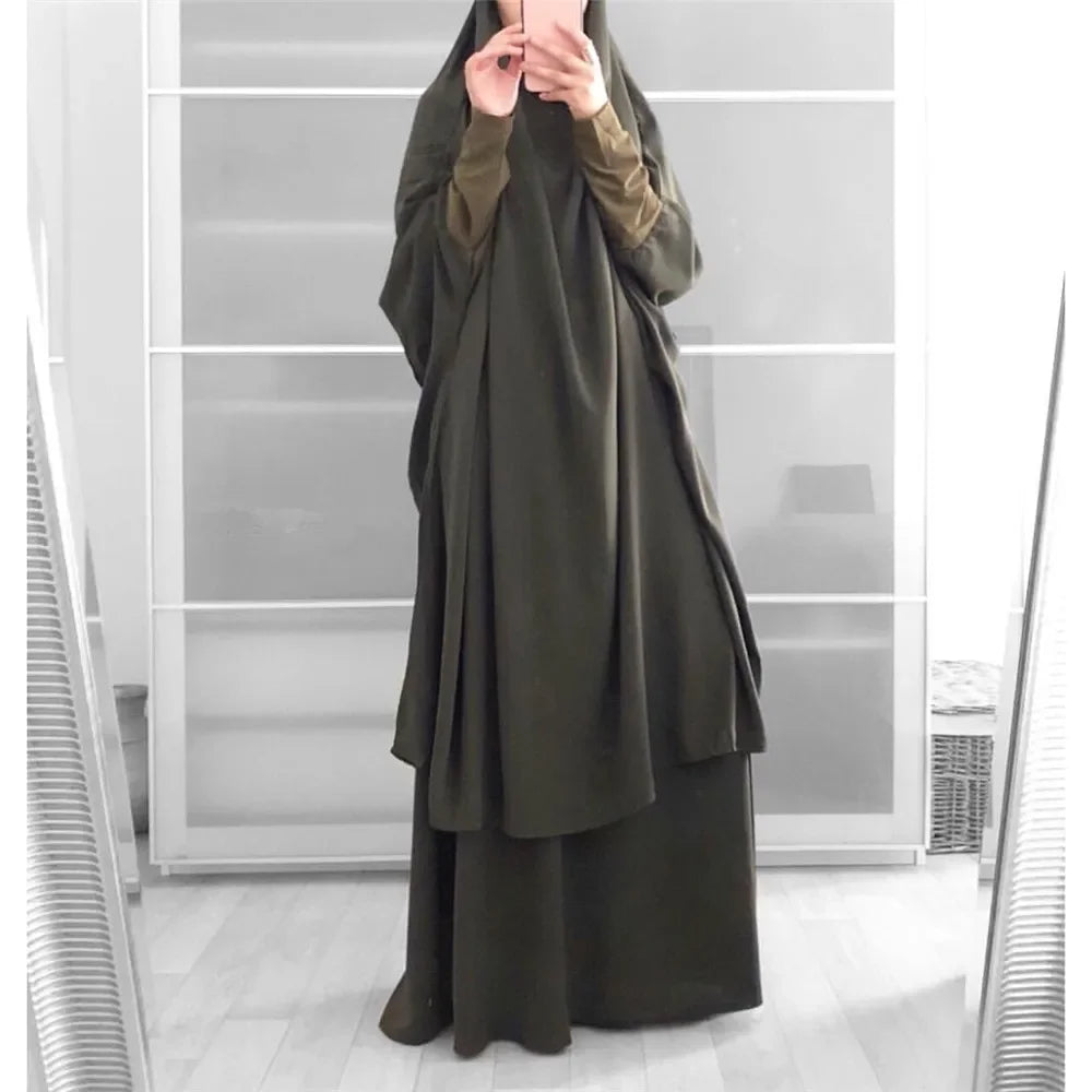 Eid Hooded Abaya Women 2 Piece Set Prayer Garment Tops Skirt Suit Islamic Clothing Ramadan Abayas Khimar Full Cover Kaftan Dress