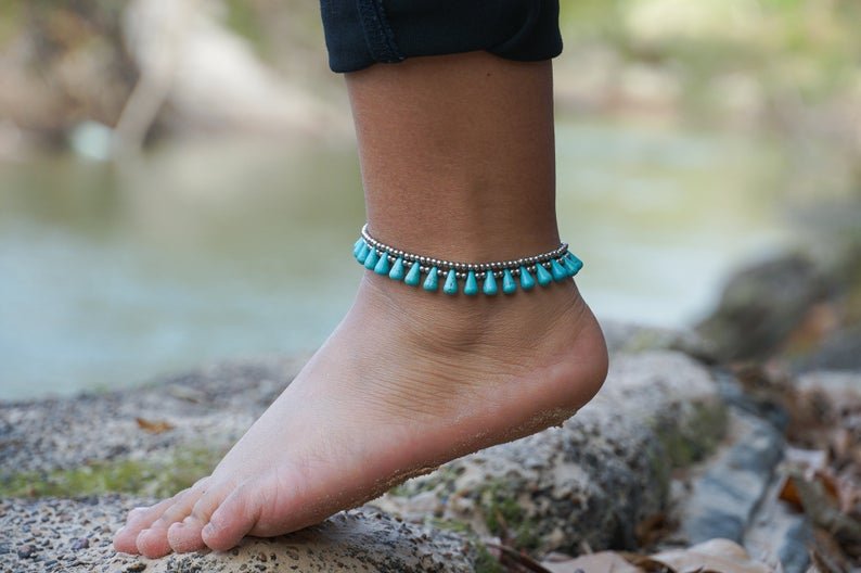 Turquoise Teardrop Bead Boho Silver Anklet - Salim Fashion