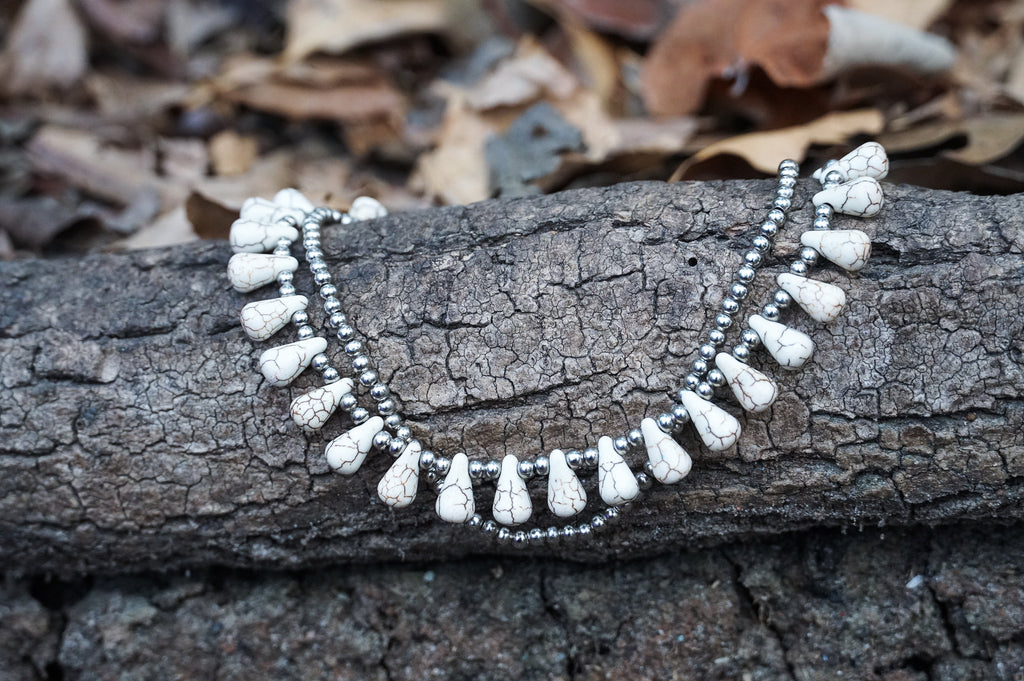 White Teardrop Bead Boho Silver Anklet - Salim Fashion