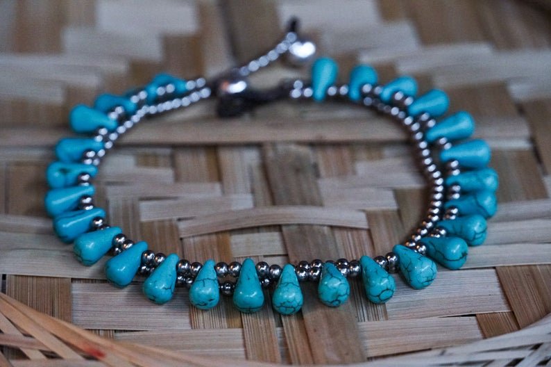Turquoise Teardrop Bead Boho Silver Anklet - Salim Fashion