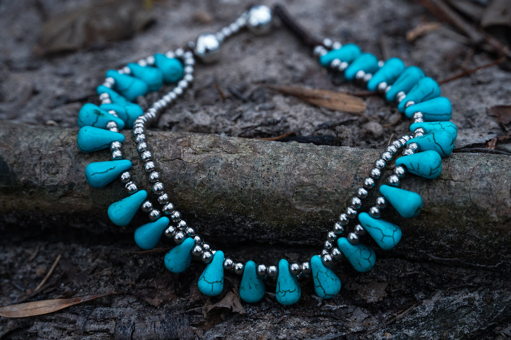 Turquoise Teardrop Bead Boho Silver Anklet - Salim Fashion