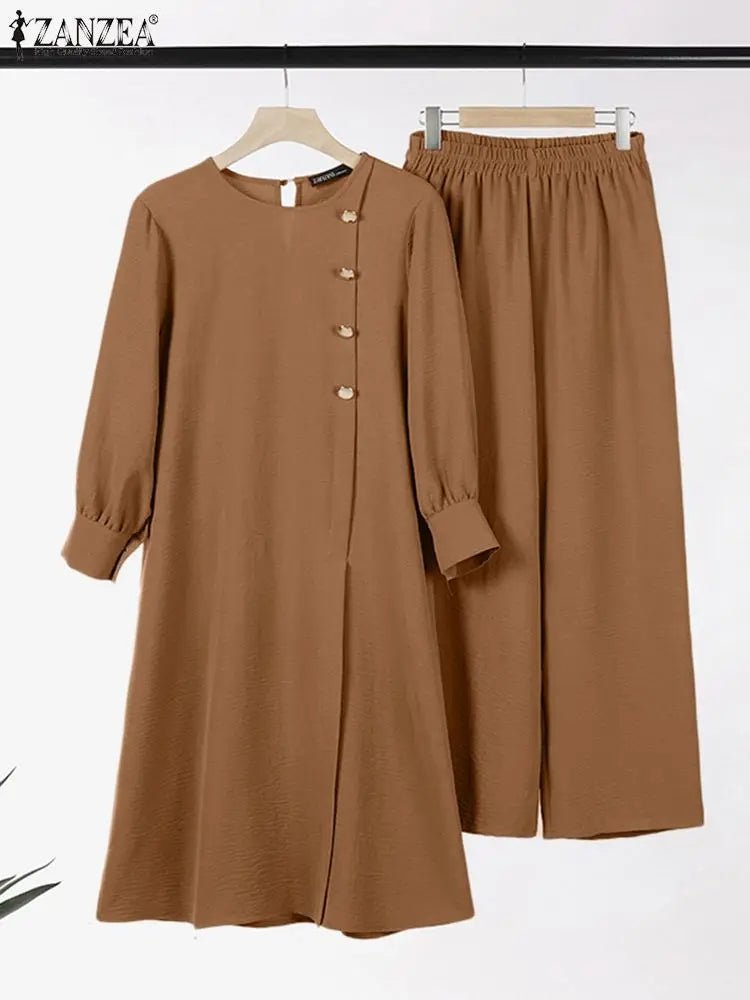 ZANZEA Elegant Women OL Work Pants Sets 2PCS Fashion Split Hem Long Shirt Wide Leg Trousers Suits Solid Muslim Sets Outifits