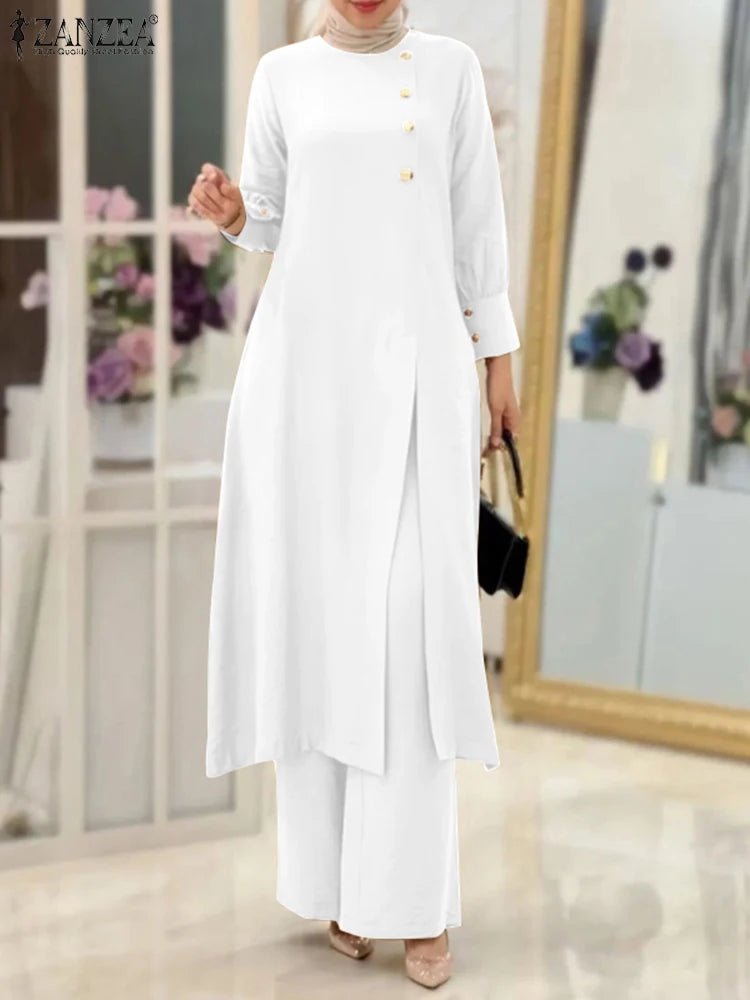 ZANZEA Elegant Women OL Work Pants Sets 2PCS Fashion Split Hem Long Shirt Wide Leg Trousers Suits Solid Muslim Sets Outifits