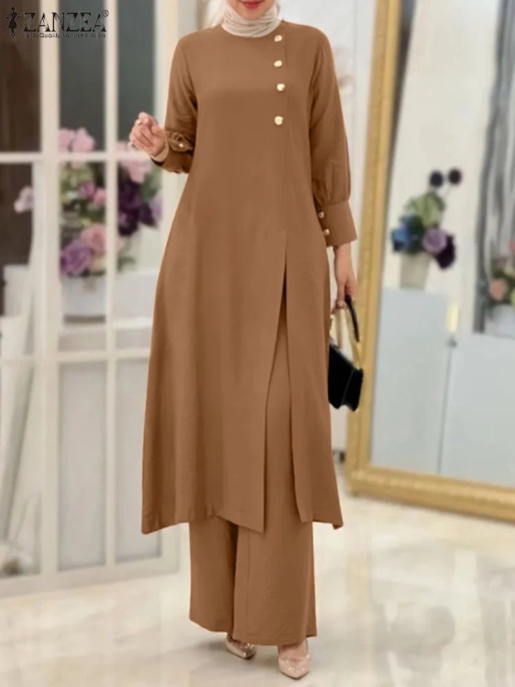 ZANZEA Elegant Women OL Work Pants Sets 2PCS Fashion Split Hem Long Shirt Wide Leg Trousers Suits Solid Muslim Sets Outifits