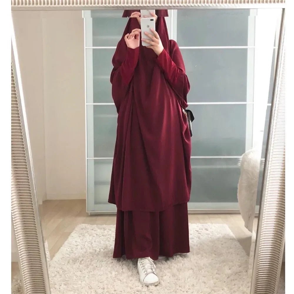 Eid Hooded Abaya Women 2 Piece Set Prayer Garment Tops Skirt Suit Islamic Clothing Ramadan Abayas Khimar Full Cover Kaftan Dress