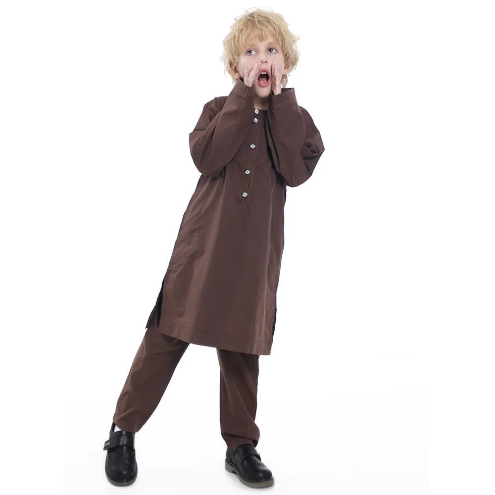 Dubai Abaya Suit Jubba Thobe For Children Arabia Muslim Prayer Baby Big Boy Qatar Pakistan Shirts and Trousers 2 Pieces Suits