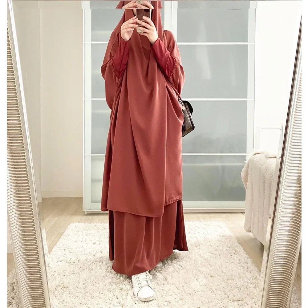 Eid Hooded Abaya Women 2 Piece Set Prayer Garment Tops Skirt Suit Islamic Clothing Ramadan Abayas Khimar Full Cover Kaftan Dress