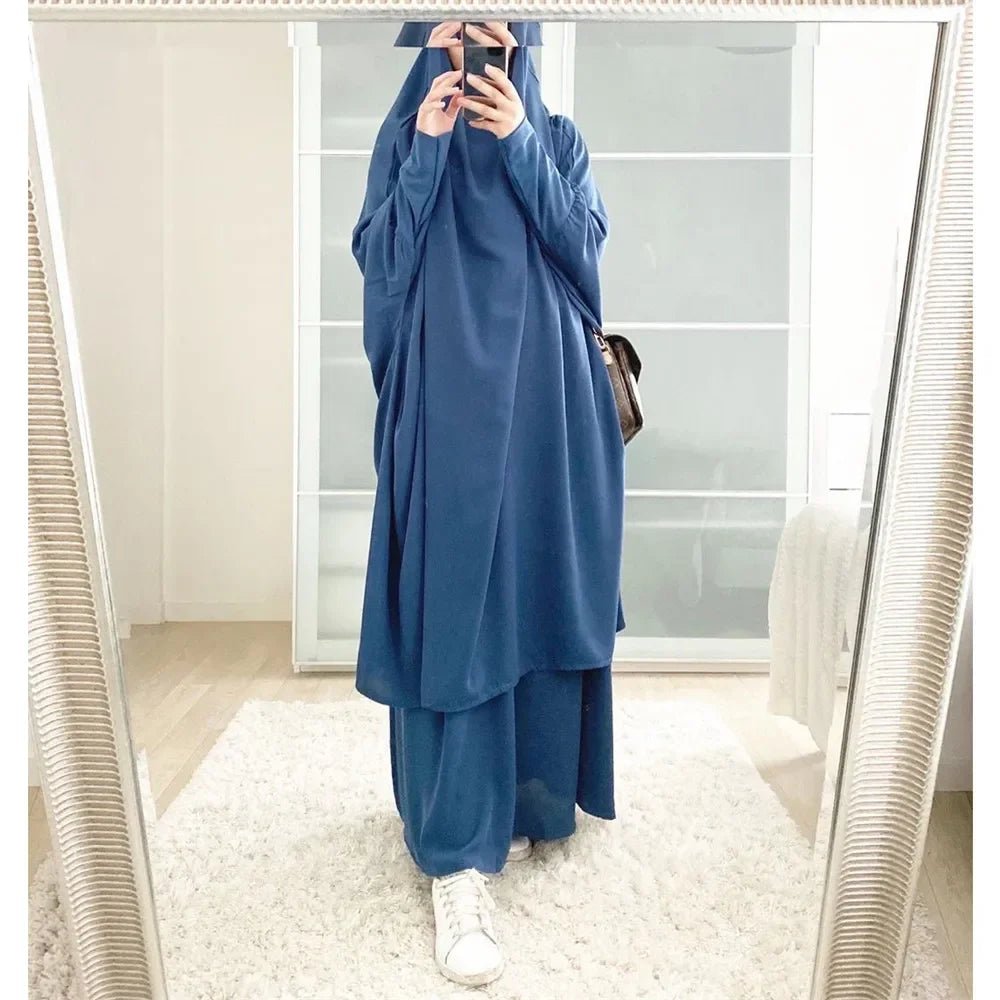 Eid Hooded Abaya Women 2 Piece Set Prayer Garment Tops Skirt Suit Islamic Clothing Ramadan Abayas Khimar Full Cover Kaftan Dress
