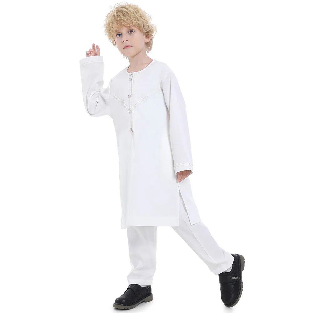 Dubai Abaya Suit Jubba Thobe For Children Arabia Muslim Prayer Baby Big Boy Qatar Pakistan Shirts and Trousers 2 Pieces Suits