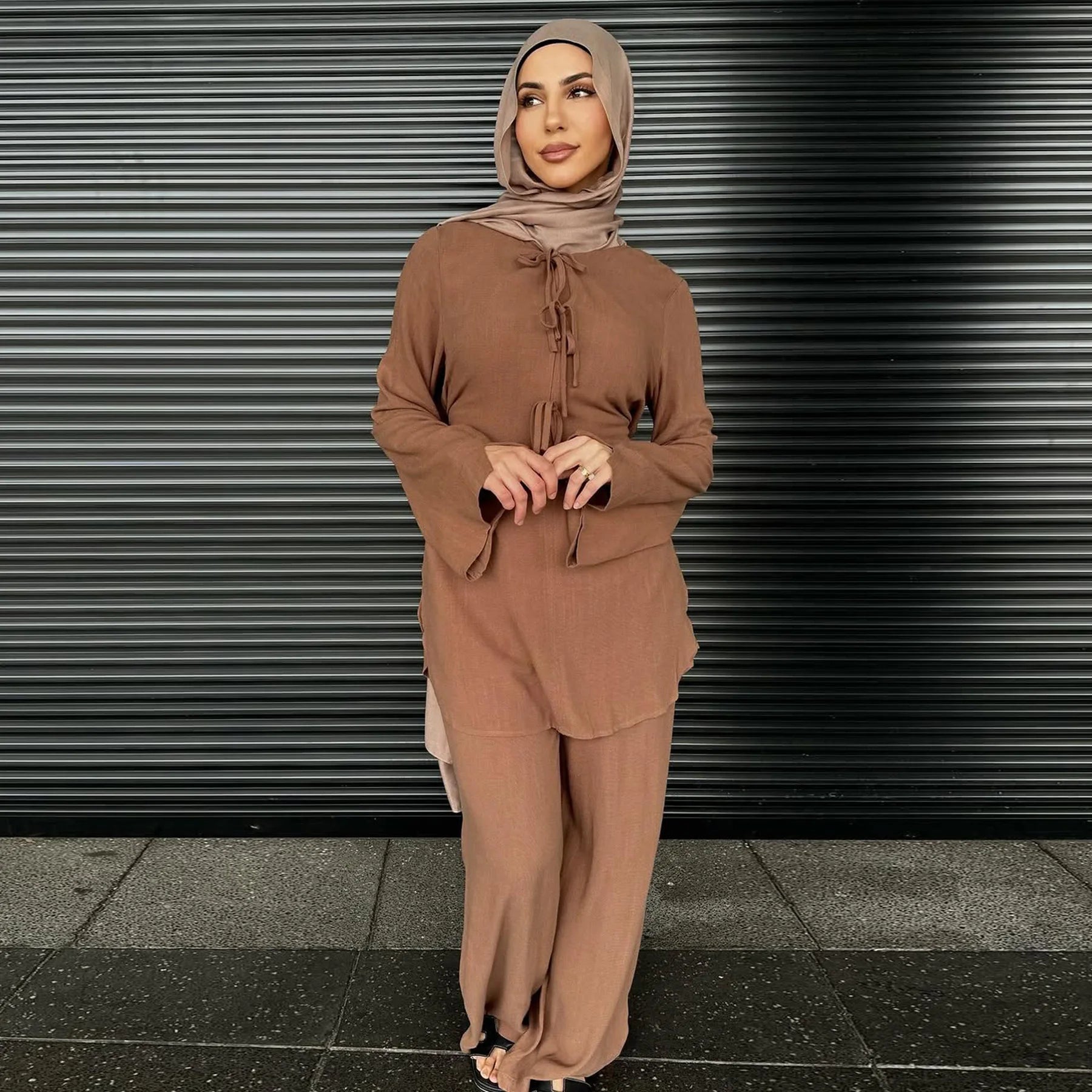 2025 Muslim Sets Two Piece Set Abaya Women Caftan Marocain Soild Top+Pant Suits Eid Ramadan Islam Clothing Ensembles Musulmans