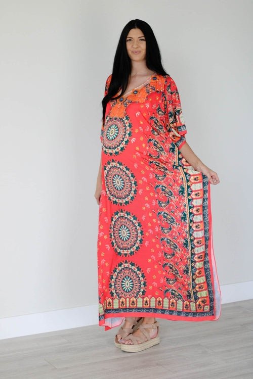Mexican Kaftan Dress, Summer Caftan For Women, Loose Maxi Dress, Silk - Salim Fashion