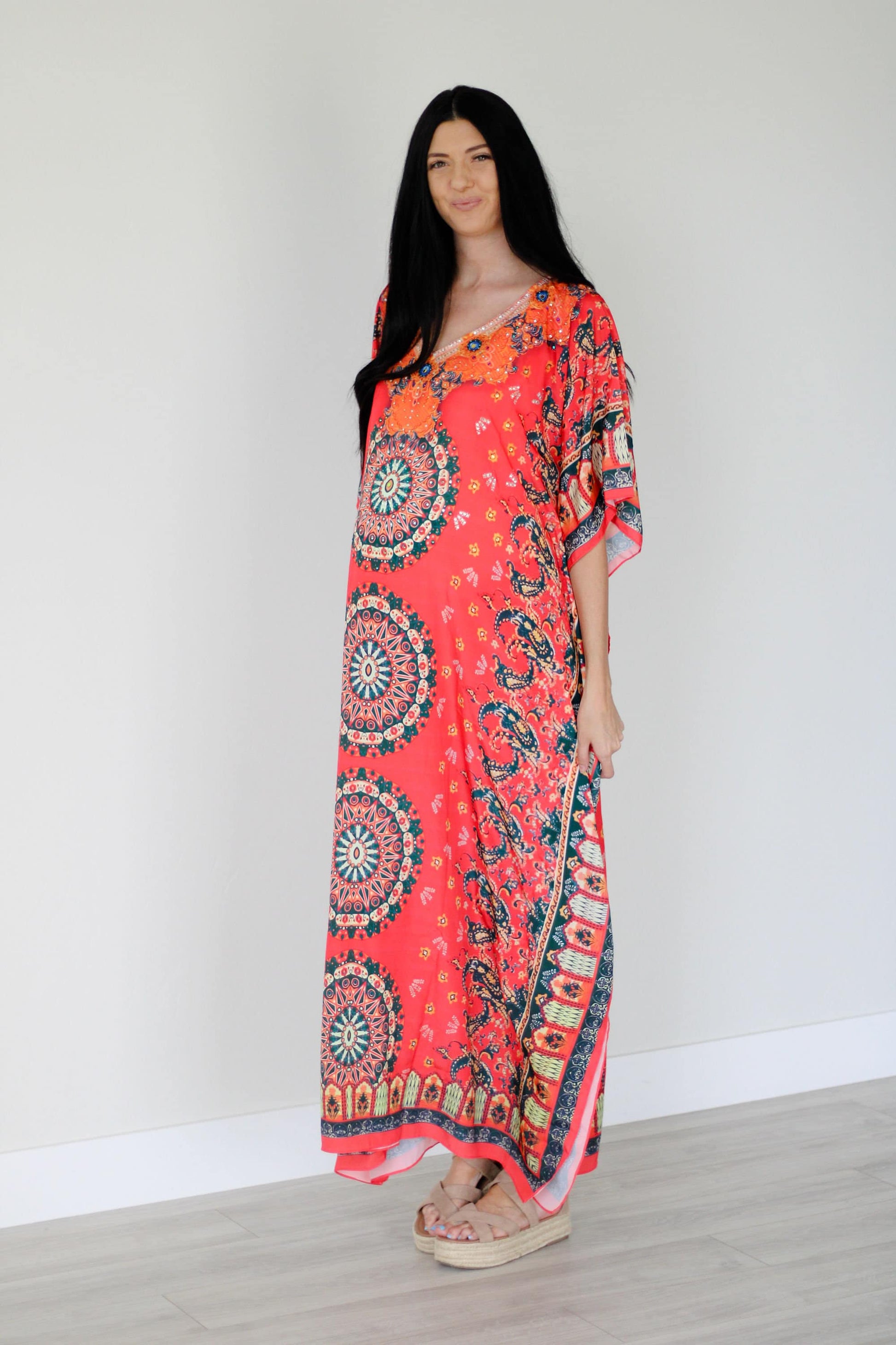 Mexican Kaftan Dress, Summer Caftan For Women, Loose Maxi Dress, Silk - Salim Fashion