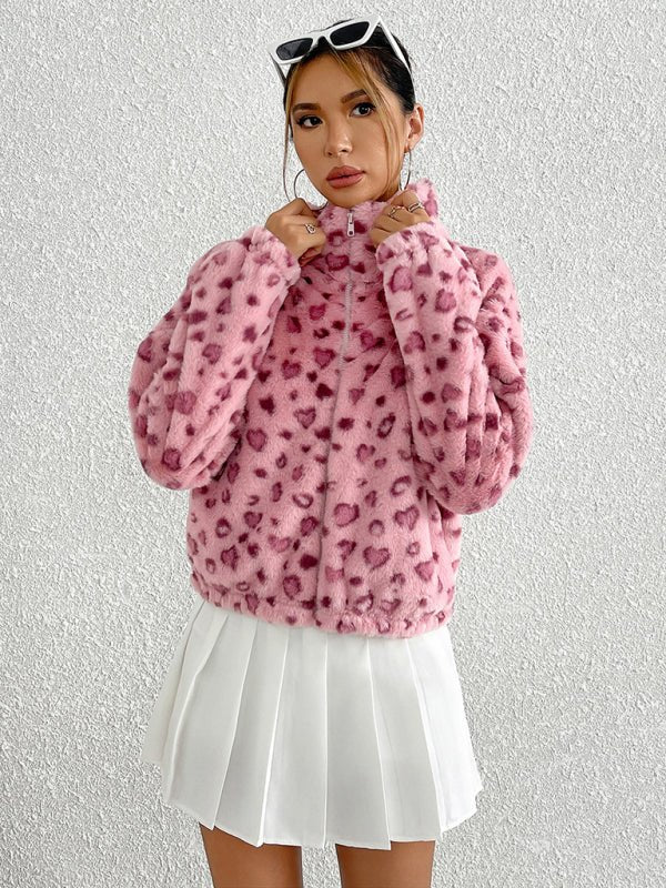 Valentine's Day Love Leopard Print Plush Jacket - Salim Fashion