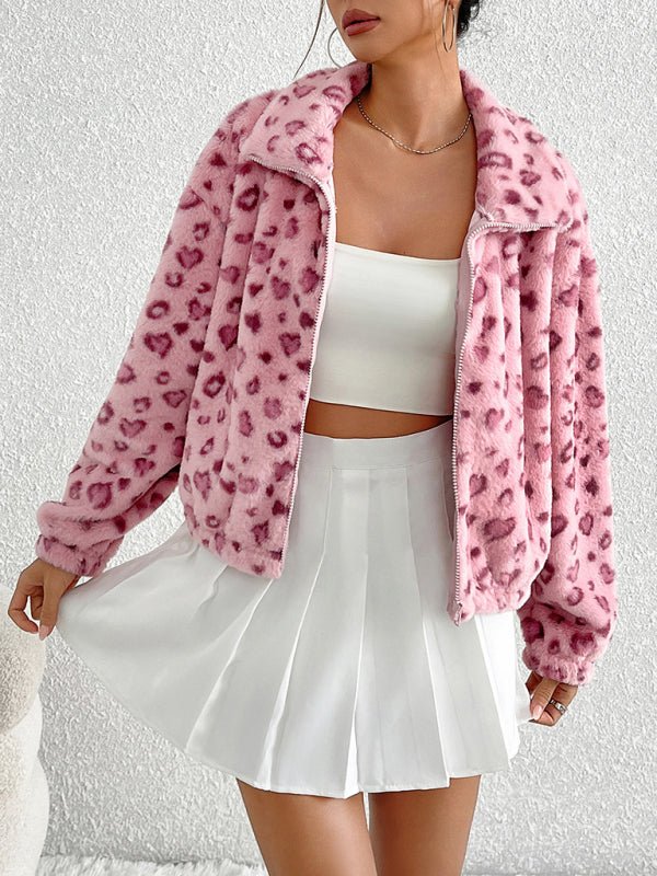 Valentine's Day Love Leopard Print Plush Jacket - Salim Fashion