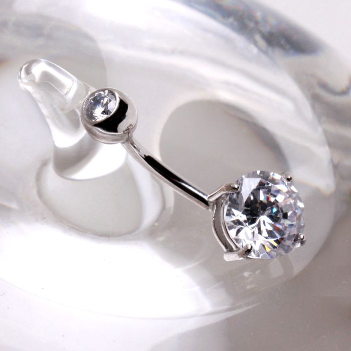 14Kt White Gold Navel Ring with Prong Set CZ - Salim Fashion
