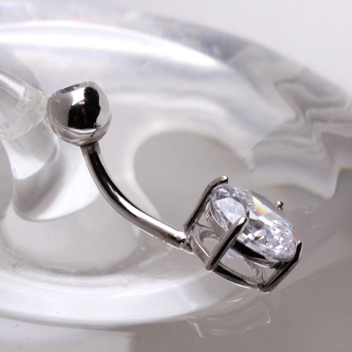 14Kt White Gold Navel Ring with Prong Set CZ - Salim Fashion