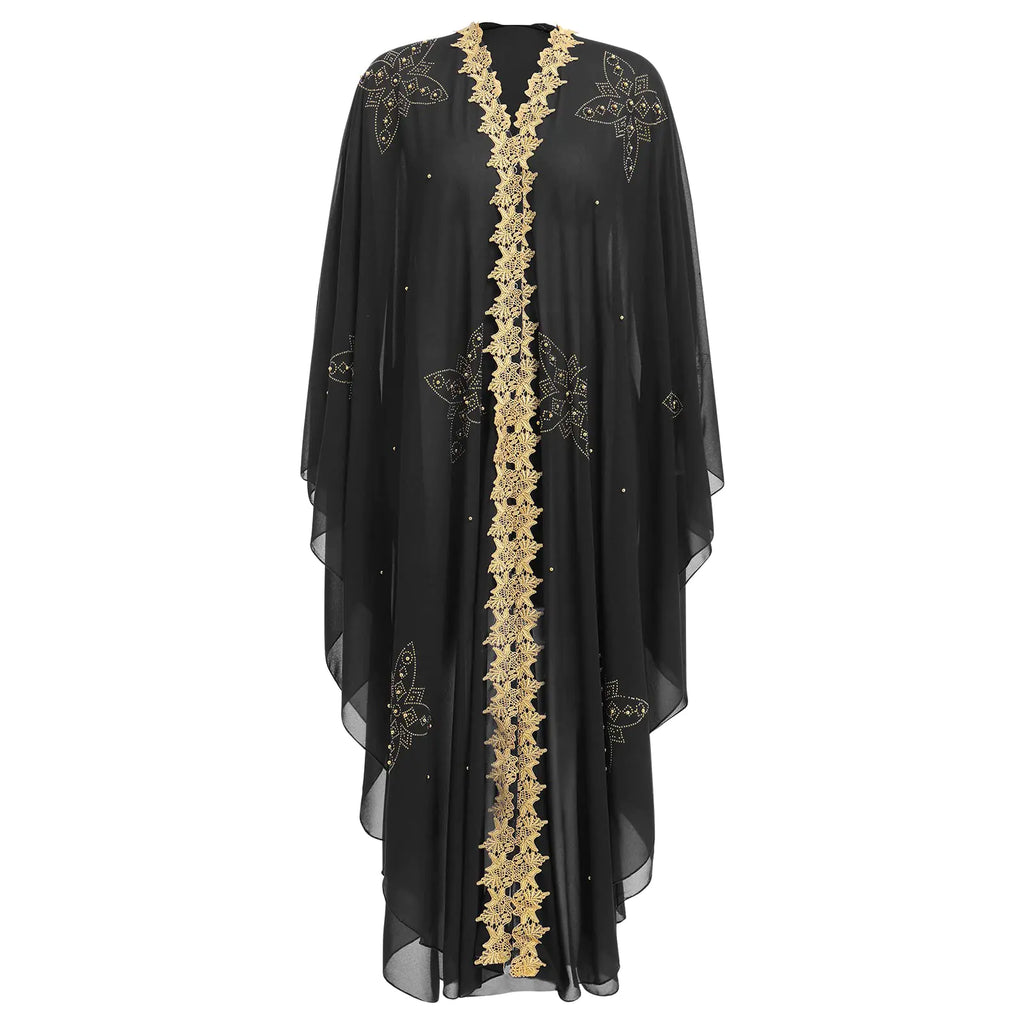 Women Muslim Cardigan Hijab Dress Batwing Hot Drilling Chiffon Kimono Islam Kaftan Robe African Dresses Black 01 One Size